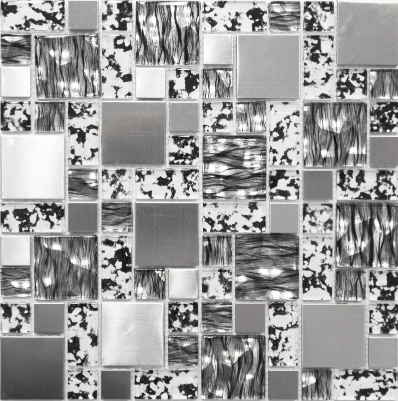 Carreau de mosaïque translucide acier inoxydable noir argent combinaison mosaïque de verre Crystal acier noir structure MOS88-0203_f | 10 tapis de mosaïque