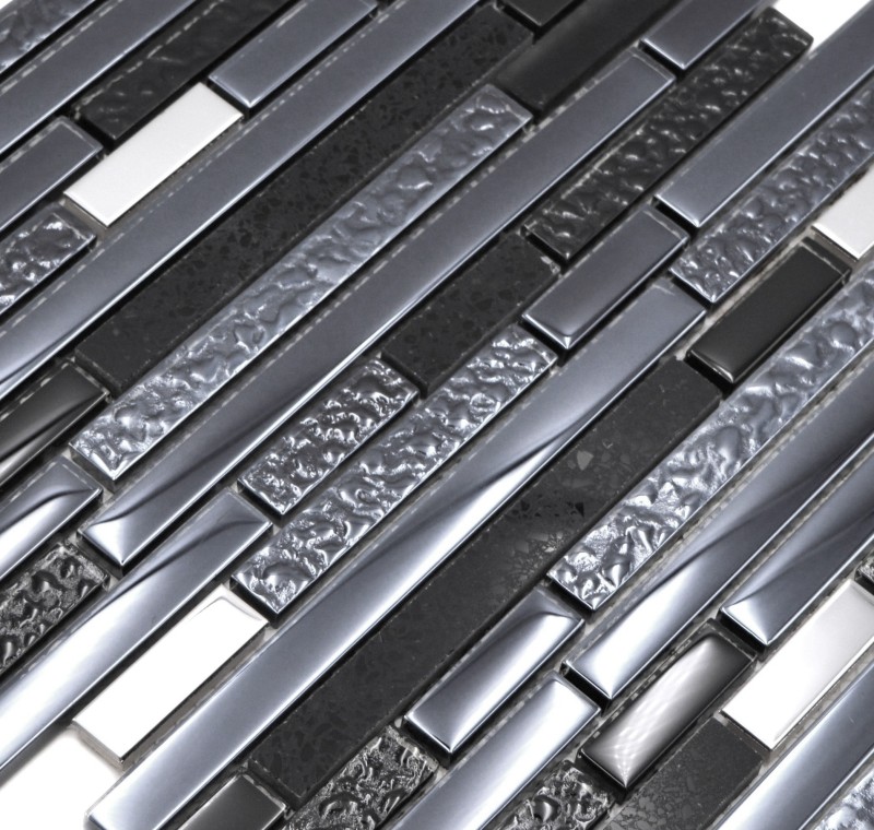 Mosaïque composite translucide en acier inoxydable Mosaïque de verre Artificial acier noir MOS87-0322_f | 10 Tapis de mosaïque