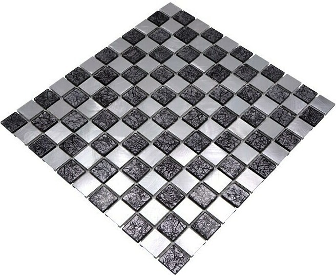 Mosaico parete posteriore alluminio vetro mosaico alluminio scacchiera nero argento MOS49-0302_f