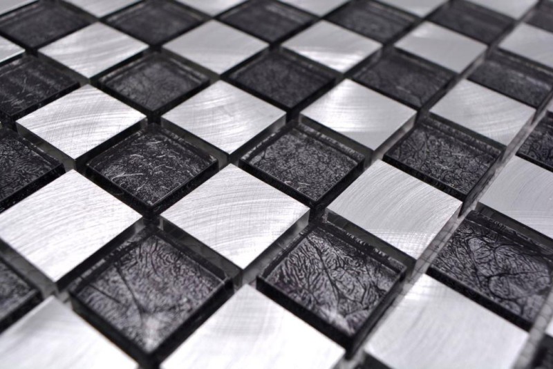 Mosaico parete posteriore alluminio vetro mosaico alluminio scacchiera nero argento MOS49-0302_8mm_f