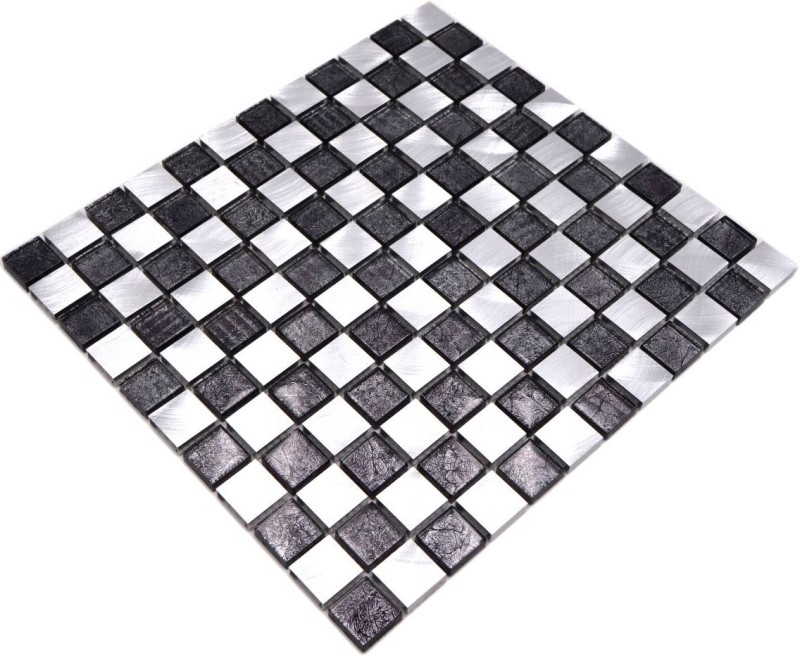 Mosaic rear wall aluminum glass mosaic aluminum checkerboard black silver MOS49-0302_8mm_f
