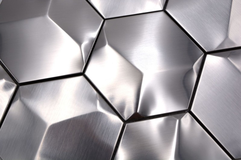 Mosaik Rückwand Edelstahl silber Hexagon 3D Stahl gebürstet Fliesenspiegel Küche MOS129-HXM20SD_f