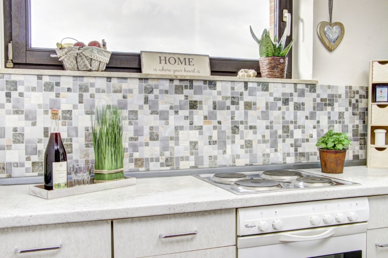 Mosaic quartzite natural stone aluminum silver gray light beige combination tile backsplash kitchen MOS49-525_f