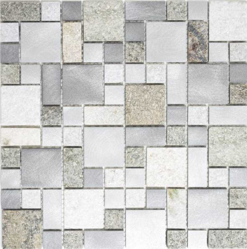 Mosaic quartzite natural stone aluminum silver gray light beige combination tile backsplash kitchen MOS49-525_f
