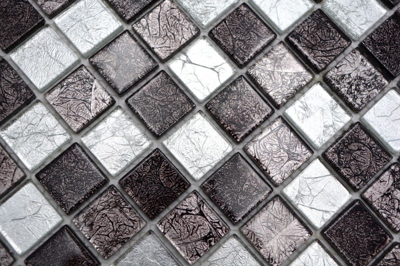 Pannello posteriore a mosaico in vetro nero mosaico argento nero struttura MOS126-1703_f