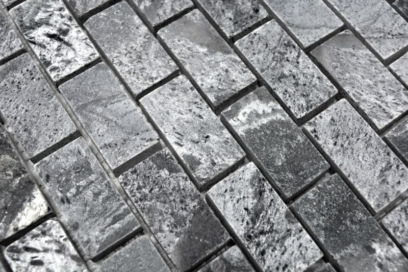 Mosaik Fliese Quarzit Naturstein Brick silbergrau poliert MOS28-0202_C_f