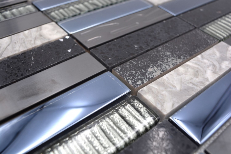 Mosaic tile translucent composite stainless steel silver gray black rectangle glass mosaic Crystal Artificial stone steel EP black MOS87-58X_f