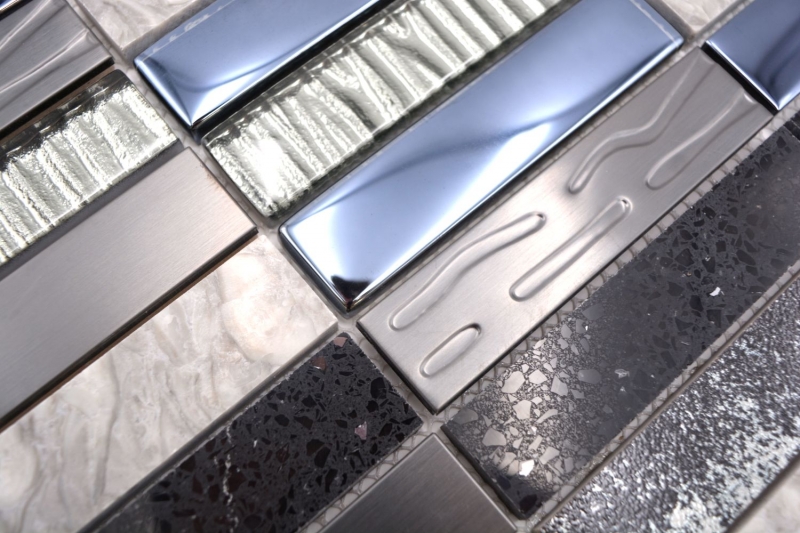 Carreau de mosaïque Translucide Composite Acier inoxydable argent gris noir Rectangle Mosaïque de verre Crystal Artificial Stein Acier EP noir MOS87-58X_f