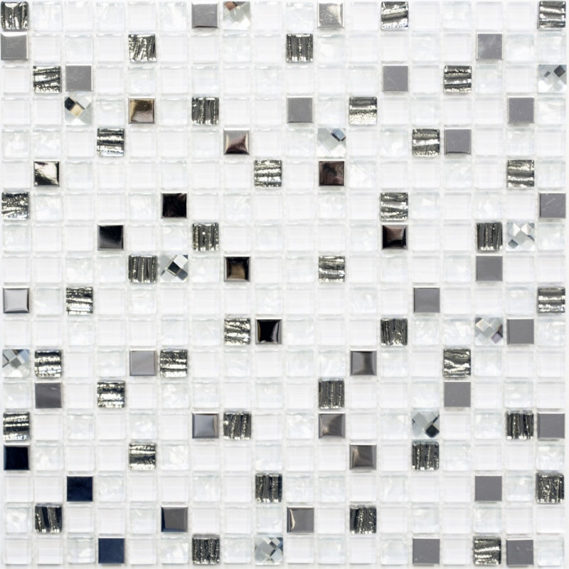 Piastrella di mosaico Acciaio inox traslucido bianco Mosaico di vetro Acciaio cristallo bianco Vetro MOS92-0107_f