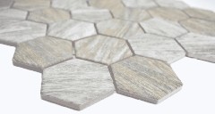 Handmuster Keramik Mosaik Hexagon Holzoptik grau Mosaikfliese Wand Fliesenspiegel Küche Bad MOS11H-0200_m