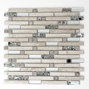 Glasmosaik Naturstein Stäbchen Mosaik Fliese Edelstahl silber hellbeige grauweiß Wandverkleidung Küchenwand - MOS86-0108